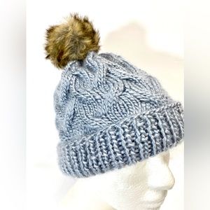 HAND Knit Cable Beanie Hat Silver 2Tone Brown Faux Fur Pom Pom Ladies Small